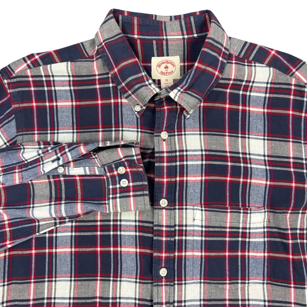 Brooks Brothers Red Fleece Plaid Button Down Shirt Mens XL Cotton Long Sleeve